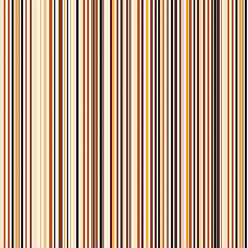 Fabric swatch of thin vertical stripes in orange, black, beige, and white.
