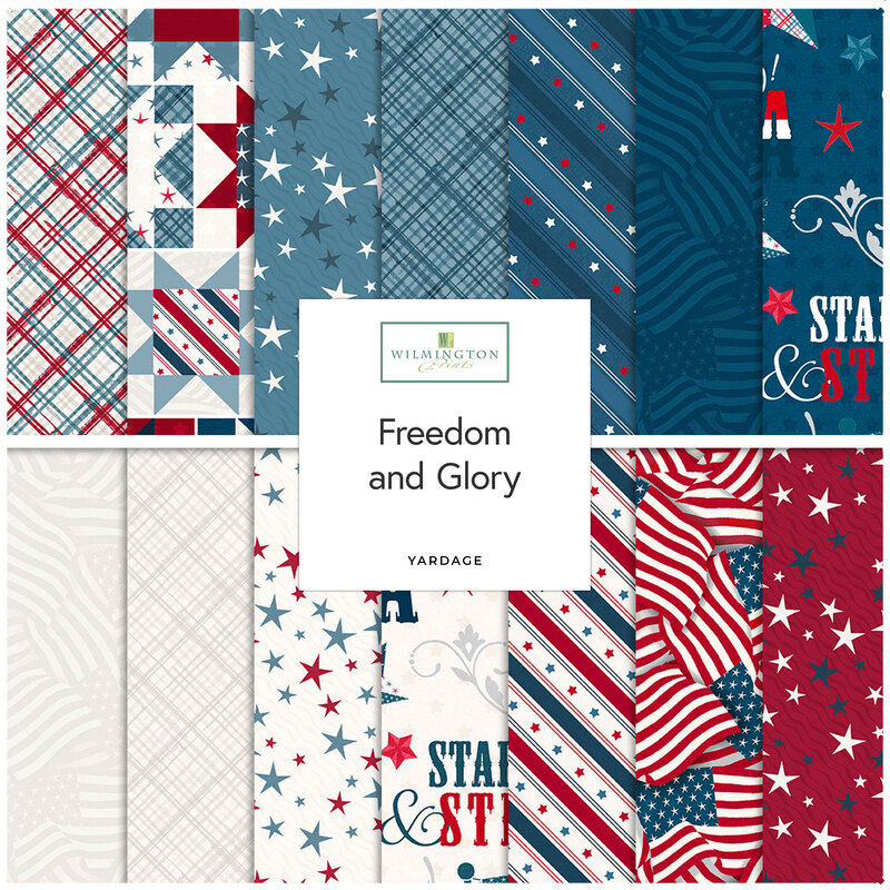 A collage of fabrics featured in the Freedom and Glory Collection by Wilmington Prints