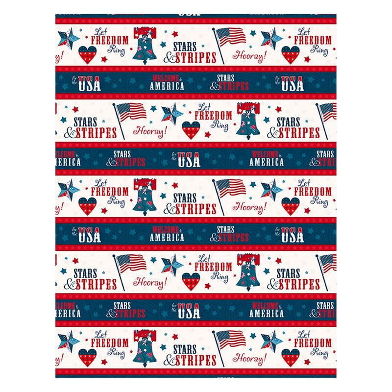 A border print featuring patriotic motifs in each strip.