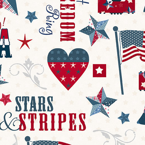 A cream fabric featuring patriotic motifs.
