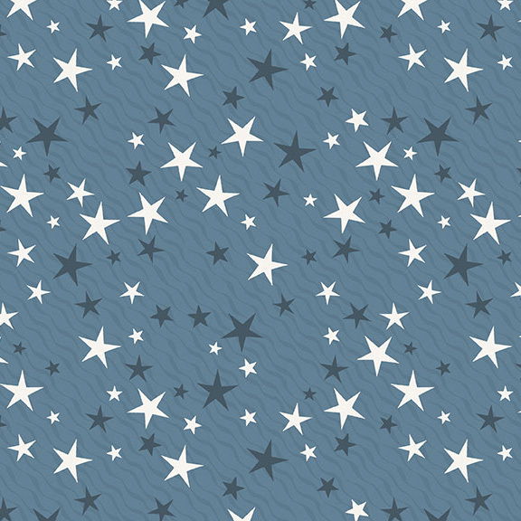 A gray blue fabric wiht white stars and teal blue stars.