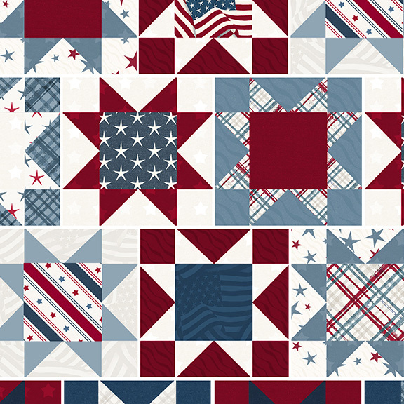A multicolor patchwork cheater fabric with sawtooth blocks. 