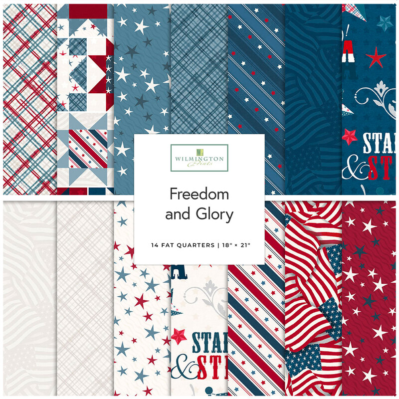 A collage of fabrics featured in the Freedom and Glory Fat Quarter Bundle by Wilmington Prints.