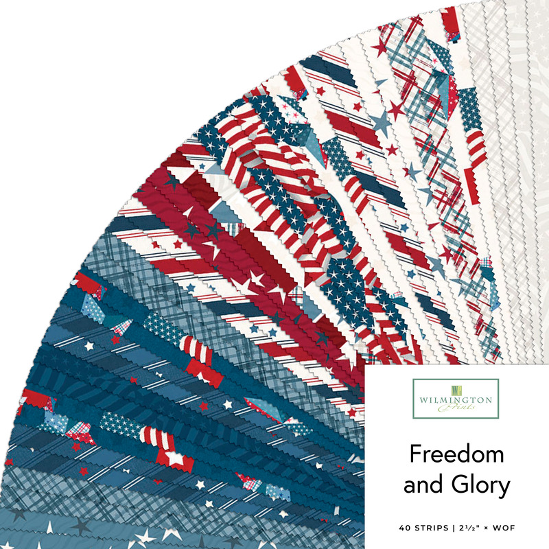 A collage of fabrics featured in the Freedom and Glory Jelly Roll by Wilmington Prints.