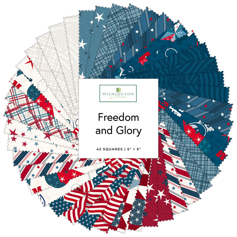 A collage of fabrics featured in the Freedom and Glory Charm Pack Bundle by Wilmington Prints.