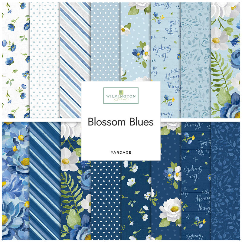 Square collage of fabrics from the blossom blue collection featuring floral, polka dot, striped, and worded prints in hues of blue and white.