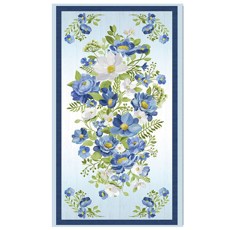 light blue ombre panel featuring a blue and white florals with green leaves and stems surrounded by a navy border.