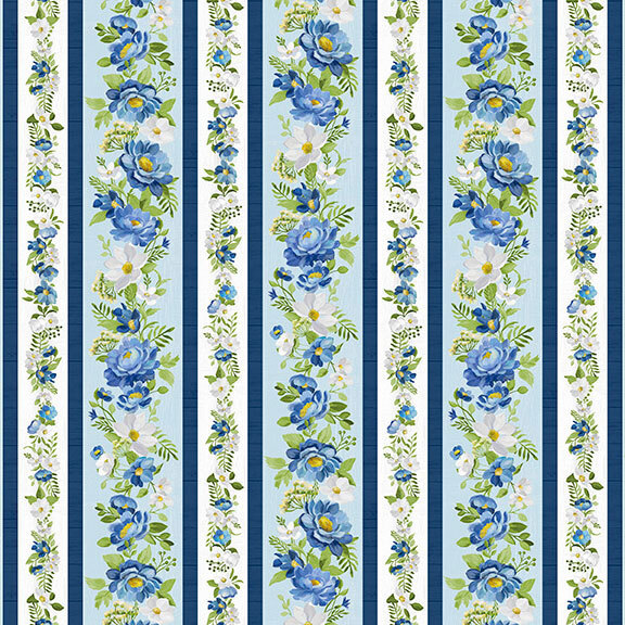 blue and white border stripe featuring rows of blue and white florals with green leaves bordered by deep navy stripes