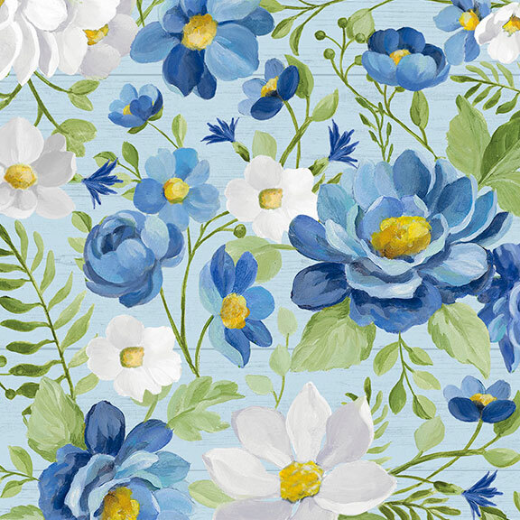 blue and white florals with green leaves and stems on a light blue background