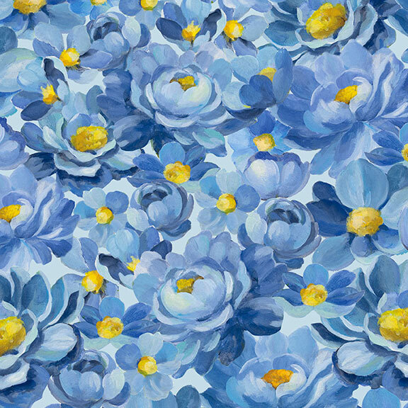 blue floral blossoms with golden yellow centers packed on an ice blue background.
