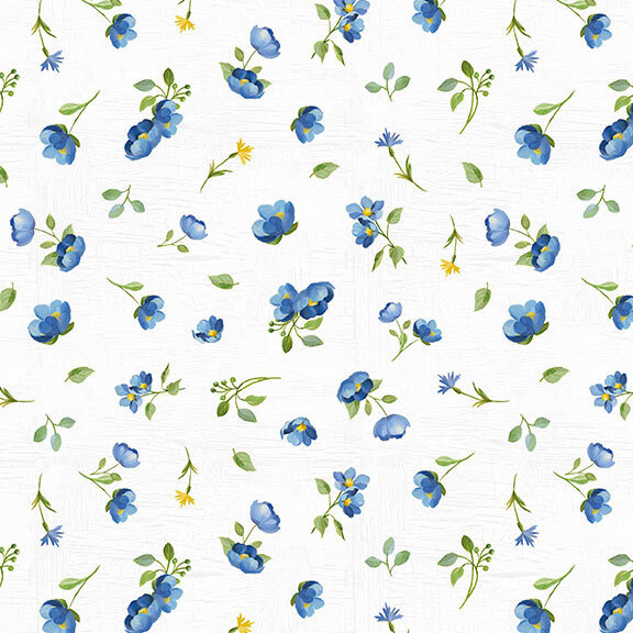 leaf sprigs with blue and yellow florals scattered on a textured white background.