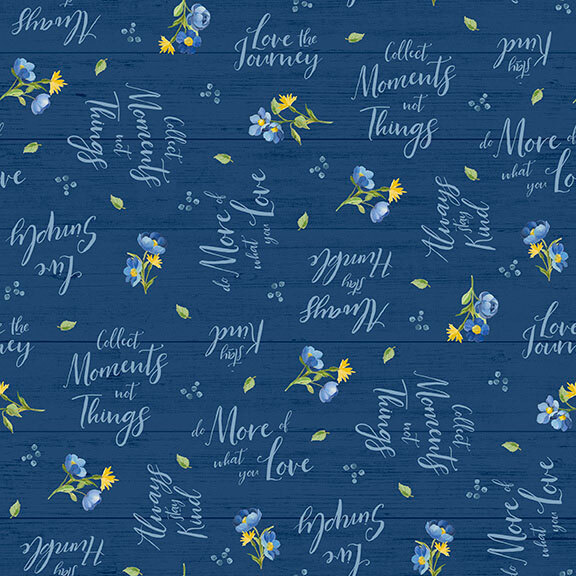 dark blue wood textured background featuring sweet phrases, leaves, dots, and blue and yellow floral sprigs 