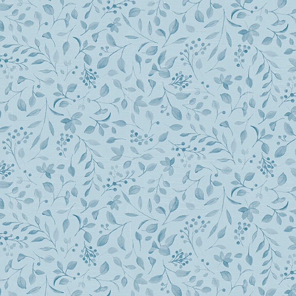 vintage blue fabric featuring a tonal print of leaves and berries