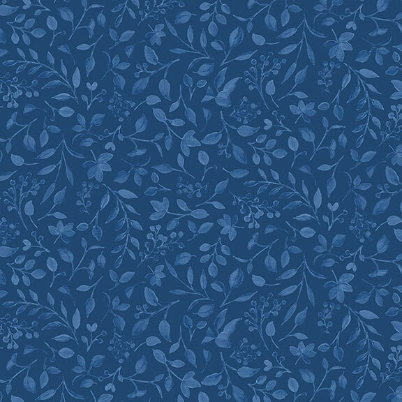 deep sapphire blue fabric featuring a tonal print of leaves and berries