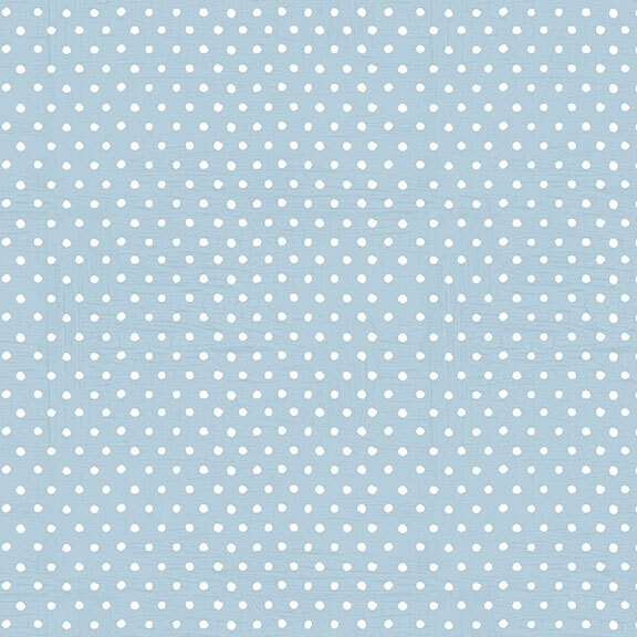 white polka dots on a faded blue background.