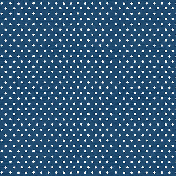 white polka dots on a dark blue background.
