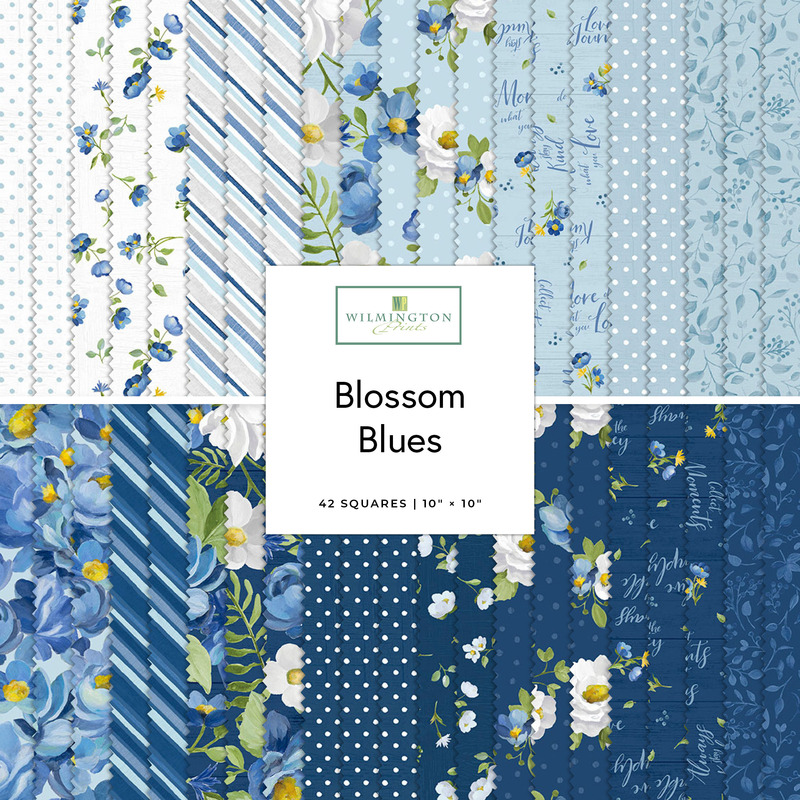 Square collage of fabrics from the blossom blue collection featuring floral, polka dot, striped, and worded prints in hues of blue and white.