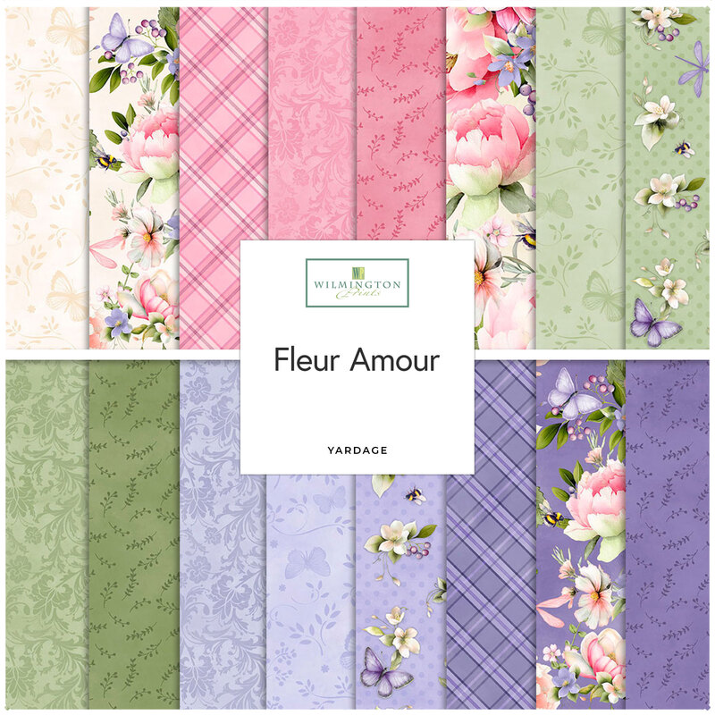 Square collage of cream, pink, green, and purple fabrics featuring florals, butterflies, bees, plaids, polka dots, and foliage prints.
