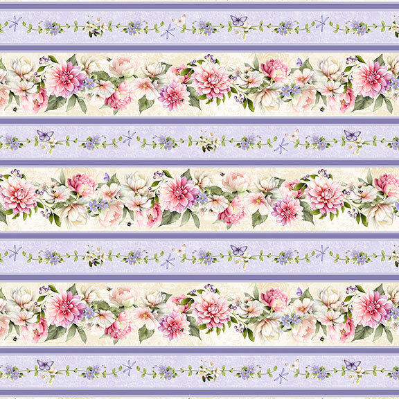Alternating floral border stripes of pink and cream blooms with delicate lavender sprigs accented with butterflies, dragonflies, and bumblebees on a soft cream and lavender background.