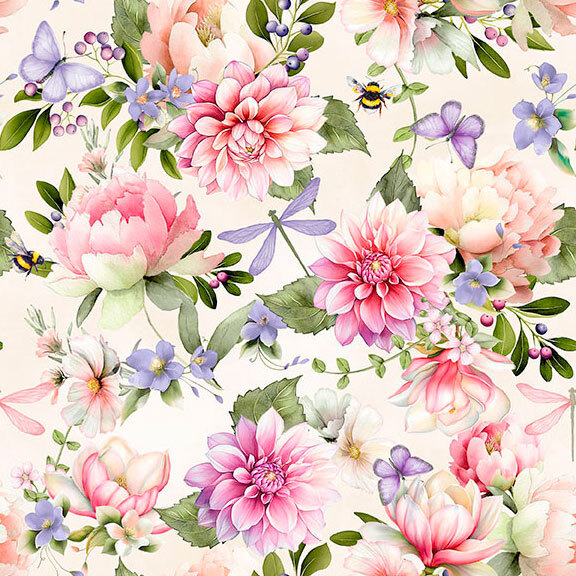 pink, purple, and cream floral blossoms with green leaves and berries, surrounded by bees, butterflies, and dragonflies on a cream background