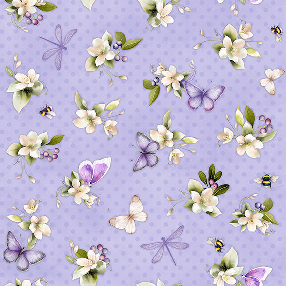 white blossoms with green foliage and purple berries surrounded by bees, butterflies, and dragonflies, on a lavender background with tonal polka dots.