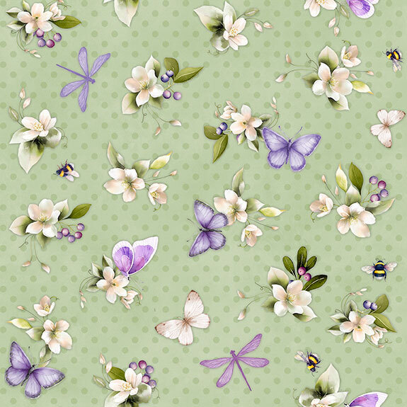 white blossoms with green foliage and purple berries surrounded by bees, butterflies, and dragonflies, on a pale green background with tonal polka dots.