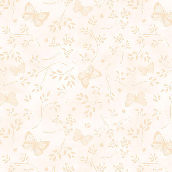 mottled cream fabric featuring a tonal print of leafy vines, florals, and butterflies.