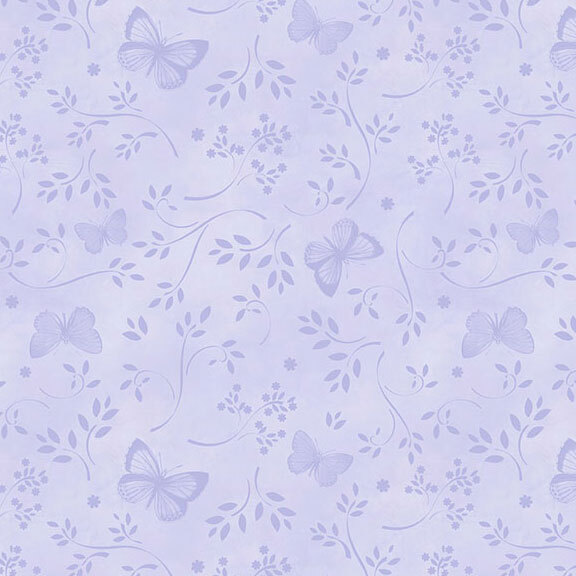 mottled lavender blue fabric featuring a tonal print of leafy vines, florals, and butterflies.