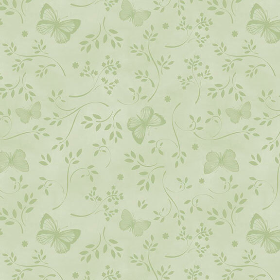 mottled pale sage fabric featuring a tonal print of leafy vines, florals, and butterflies.