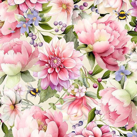 Pink and purple florals with green leaves and berry sprigs accented by bumblebees on a cream background.