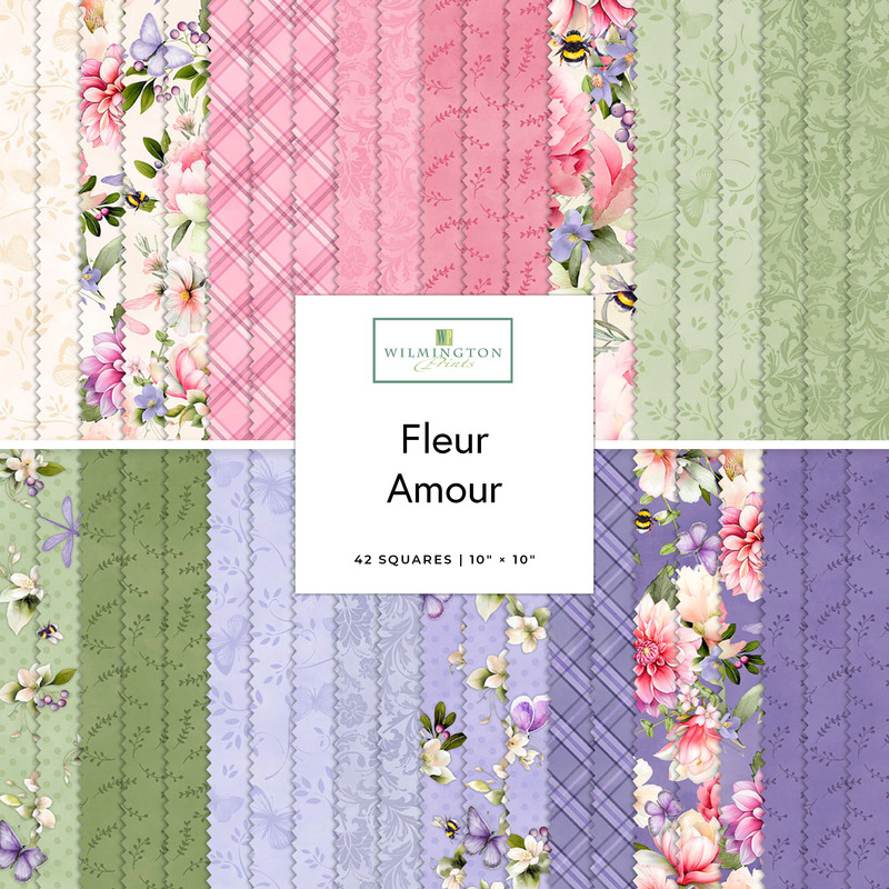 Square collage of cream, pink, green, and purple fabrics featuring florals, butterflies, bees, plaids, polka dots, and foliage prints.
