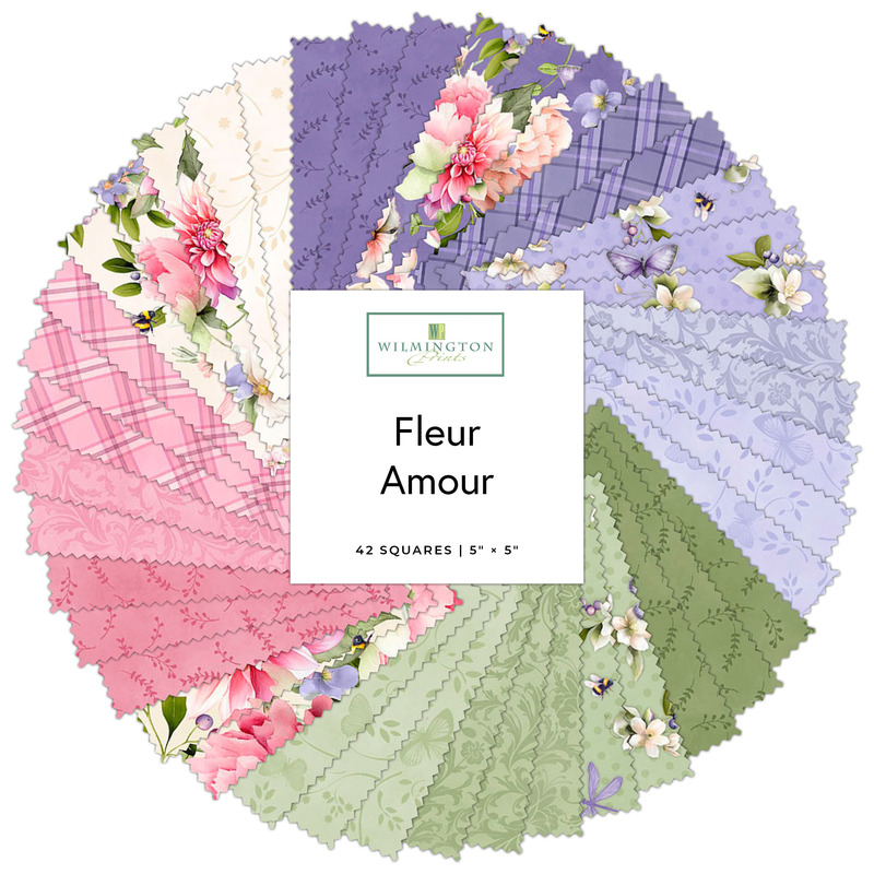 circular collage of cream, pink, green, and purple fabrics featuring florals, butterflies, bees, plaids, polka dots, and foliage prints.