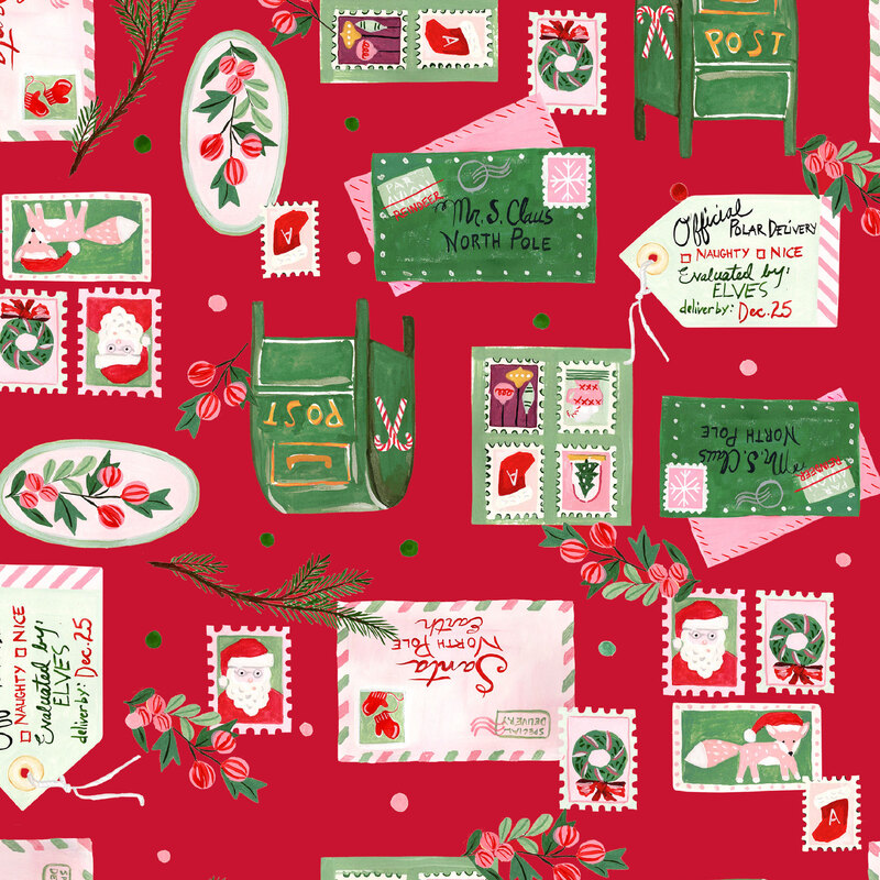Bright red fabric with tossed watercolor envelopes, tags, post boxes, and stamps.