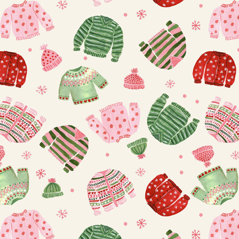 Cream fabric with tossed watercolor Christmas sweaters in pink, green, and red.