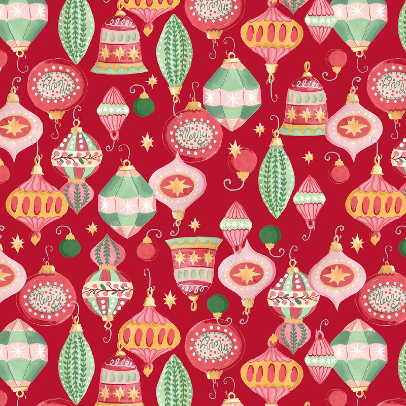 Bright red fabric with tossed watercolor ornaments, baubles, and finials.