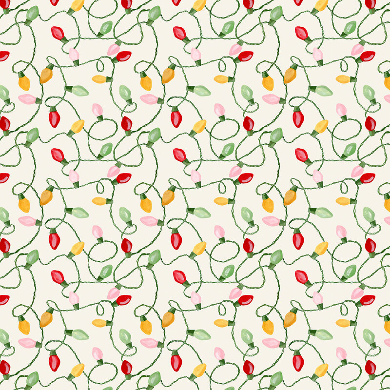 Cream fabric with twisting pink, red, and yellow holiday lights.