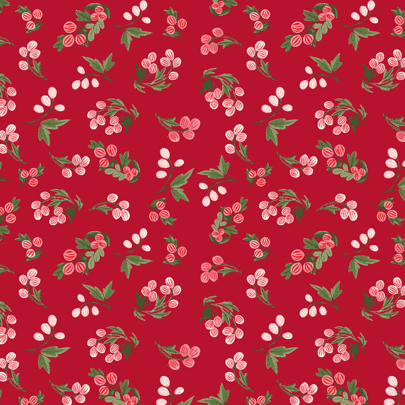 Rich red fabric with tossed watercolor holly sprigs with berries.