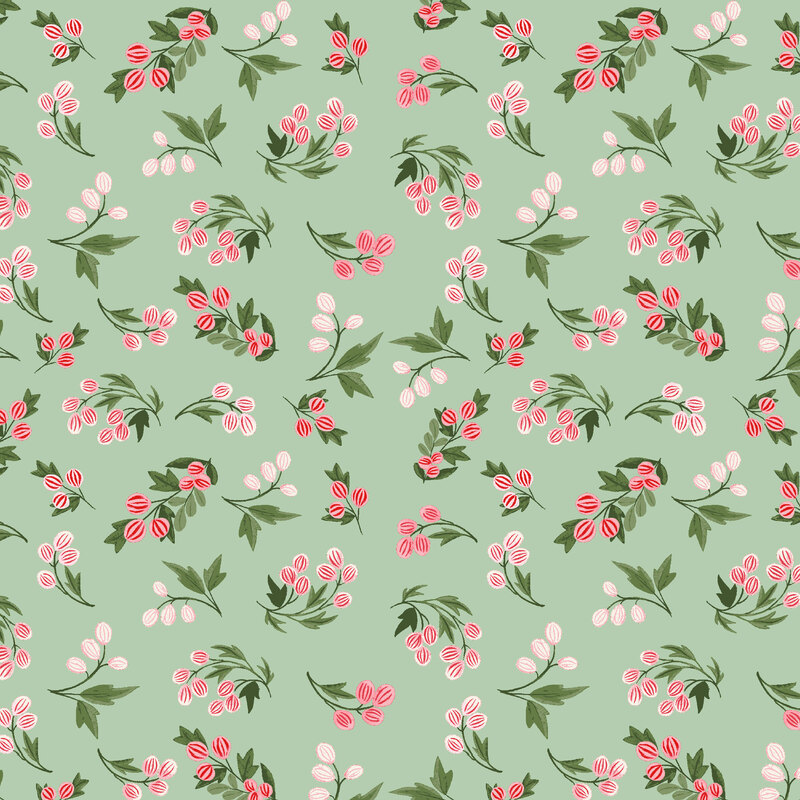 Mint green fabric with tossed watercolor holly sprigs with berries.