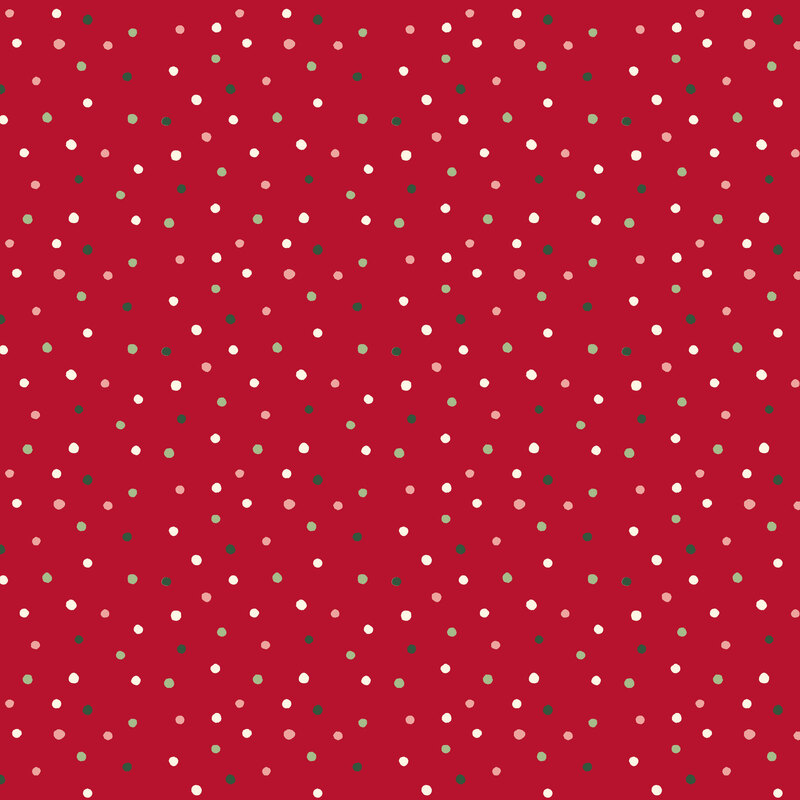 Bright red fabric with tossed dots in green, pink, and white.