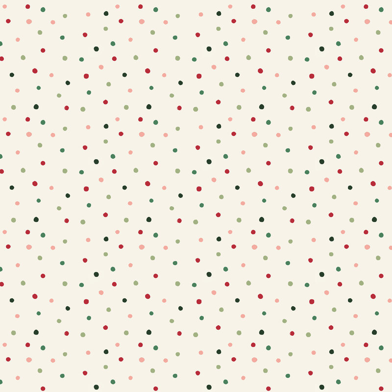 Cream fabric with tossed dots in green, pink, and red.