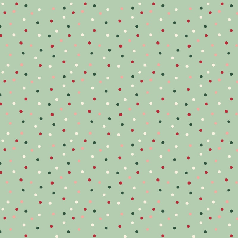 Mint green fabric with tossed dots in green, pink, red, and white.