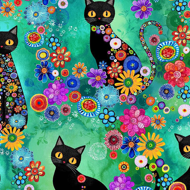 Mottled aqua fabric with sitting black cats topped with a bright medley of florals.