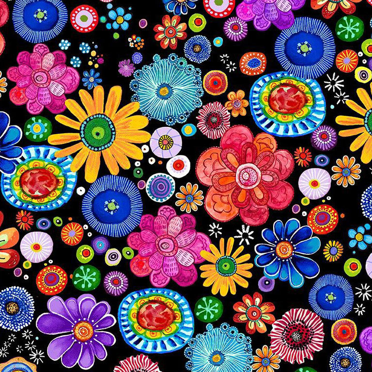 Black fabric with a packed design of a large medley of bright, natural multicolored flowers and floral motifs.