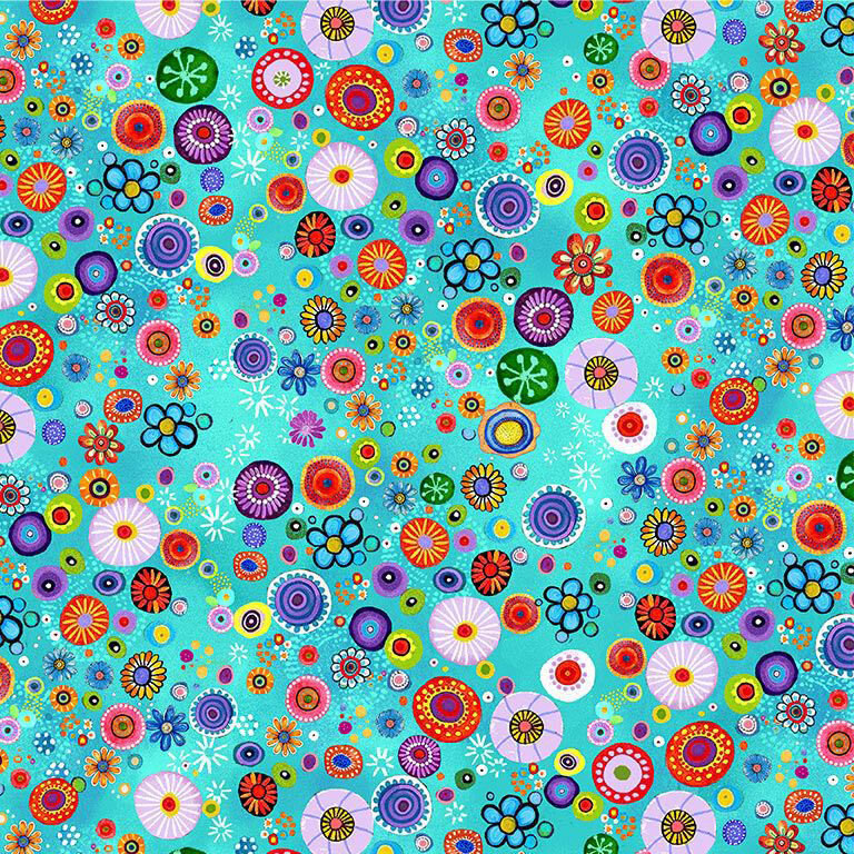 Peacock blue mottled fabric with a scattered design of natural, multicolored floral motifs.