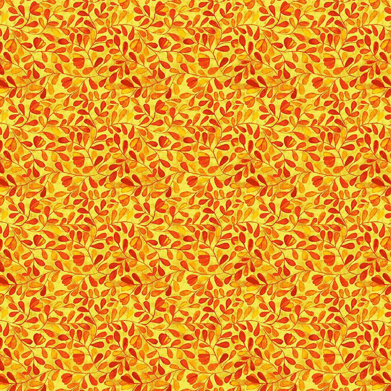 Bright orange fabric with a tightly packed design of orange and rusty leaves and vines.