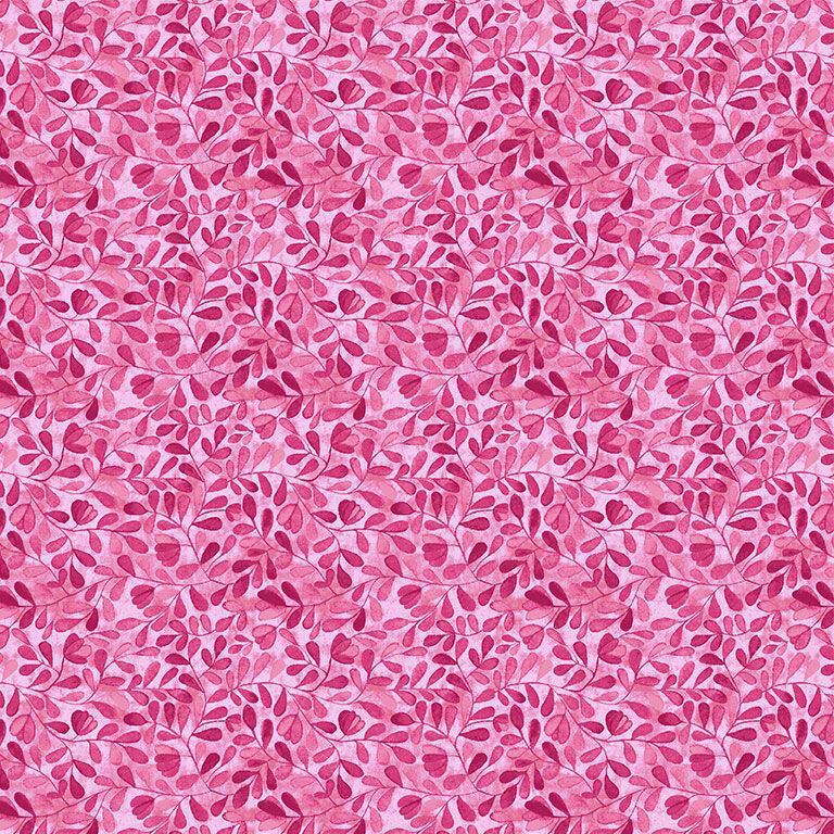 Soft pink fabric with a tightly packed design of mauve and bubblegum pink leaves and vines.