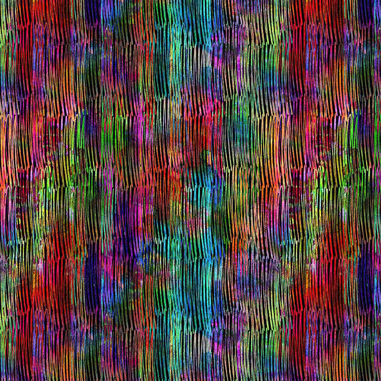 Black fabric with a tightly packed design of layered and scratched multicolor stripes.