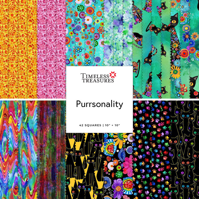 Digital collage of the 10" Squares Bundle from the Purrsonality fabric collection.