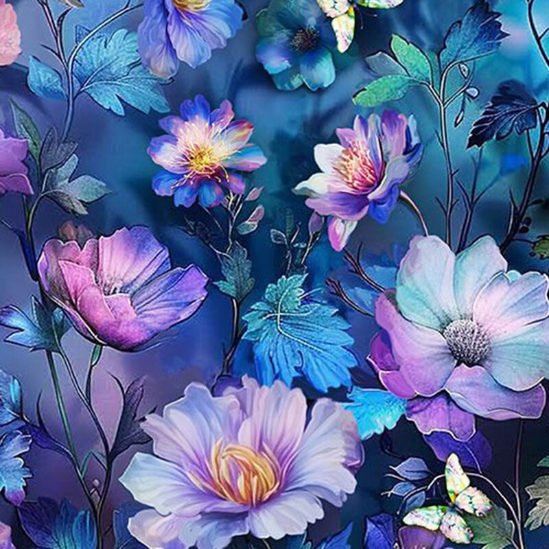 Mottled blue fabric with an elegant pattern of large, stylized florals.
