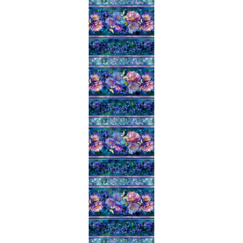 Mottled dark teal border print fabric with a striking stripe of large, detailed florals accented with graceful butterflies.